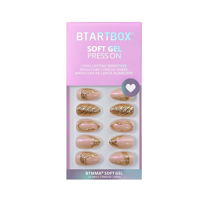 BTArtbox Press On Nails Short - 3D Gold Sculpting Almond Press On Nails with Glue for Women, Opaque Soft Gel Glue On Nails in 16 Sizes - 32 Stick On Nails Kit, Metalhead