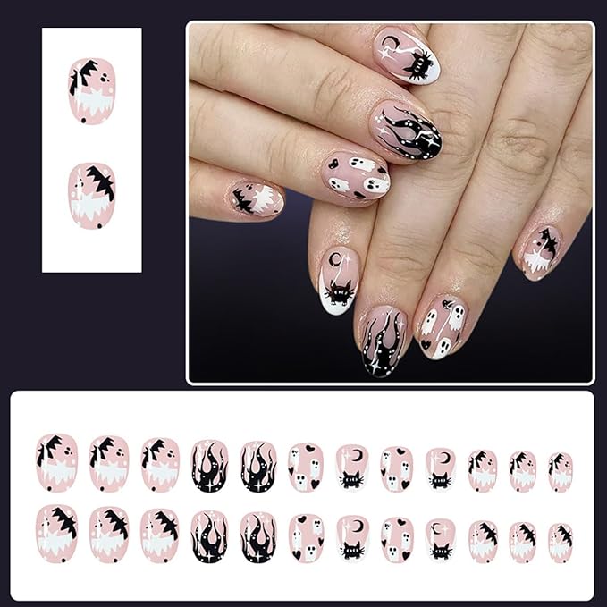 Short Almond Press on Nails Halloween Fake Nails White French Tips False Nails Ghost Love Bat Moon Black Flame with Star Design Glossy Full Cover Stick on Nail for Women Decor Nail Art Kit