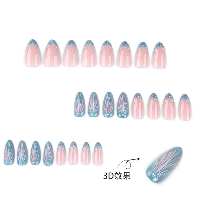 3D French Tips Pearl Press On Nails Almond Short, Mermaid Tail Iridescent Designer Reusable Acrylic Nails Press Ons, Fake Nails With Glue On, Daily Wear Floral False Nails For Women
