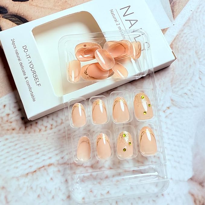 Glitter Gold French Tip Press on Nails Almond Short Fake Nails with Rhinestones Design Glossy Full Cover Glue on Nails Sparkly Acrylic Nails Artificial Almond Nail Tips Stick on Nails for Women 24Pcs