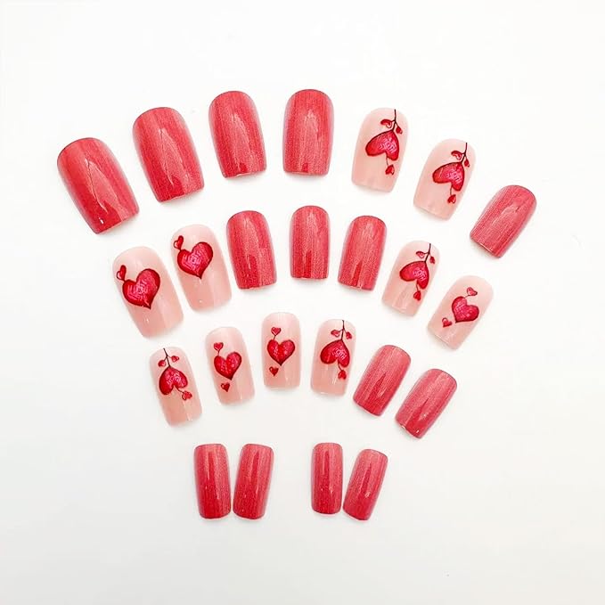Red Press on Nails Short Square Fake Nails Heart Acrylic Nails False Nails Clossy Stick on Nails Cute Artificial Nails for Women Girls Manicure 24Pcs