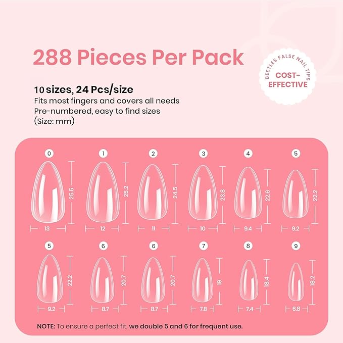 Beetles Gel Nail Tips Clear, Almond Medium, 288Pcs 10 Sizes, Pre-shaped Full Cover Soft Acrylic False Press On Nail Tips Almond Shape Easy Home DIY Fall Fake Nail Extension Art Salon Gift for Women