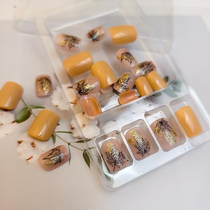 24Pcs Fall Press on Nails Short Square Fake Nails Black Hollow Maple Leaf Acrylic Nail Tip Glitter Full Cover Maple Leaves Thanksgiving Stick on Nail Autumn Winter Nails Press ons for Women Manicure