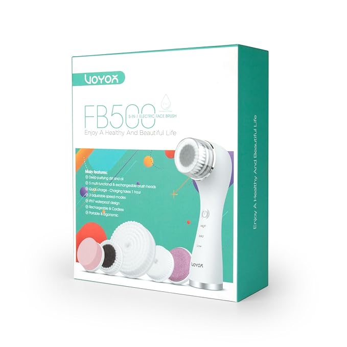 VOYOR Facial Cleansing Brush Rechargeable, Spin Face Brush Waterproof 5-in-1 Body Brush Set for Deep Skin Cleansing, Gentle Exfoliating and Massaging FB500 (Blue)