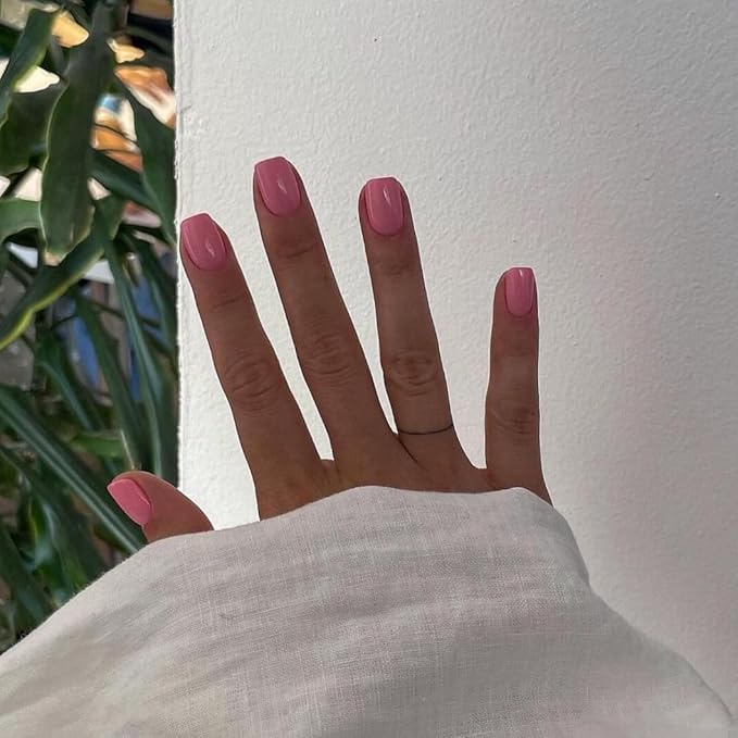 48 Pieces Rose Pink Square Press on Nails Short,KQueenest Gel Fake Nails Short Coffin,Pure Bright Color Natural Petite Nails,Solid Stick on Nails Press on for Women