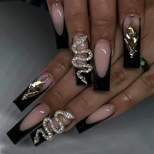 Long Square Press on Nails Black French Tip Fake Nails 3D Snake Rhinestone Design Full Cover Glossy Glue on Nails for Women 24PCS