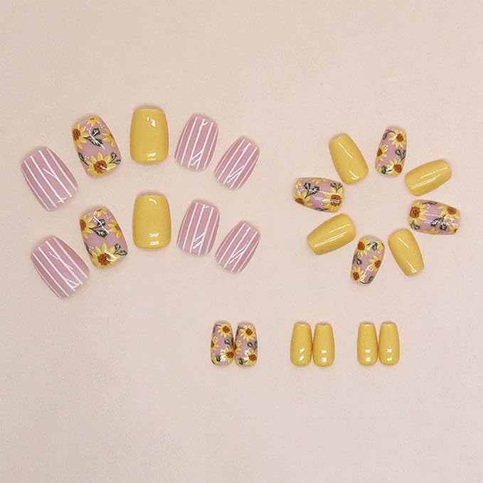 Square Press on Nails Short Fake Nails Sunflower with Line Design Yellow False Nails Acrylic Artificial Nails Glossy Glue on Nails Full Cover Stick on Nails for Women Manicure Art 24Pcs