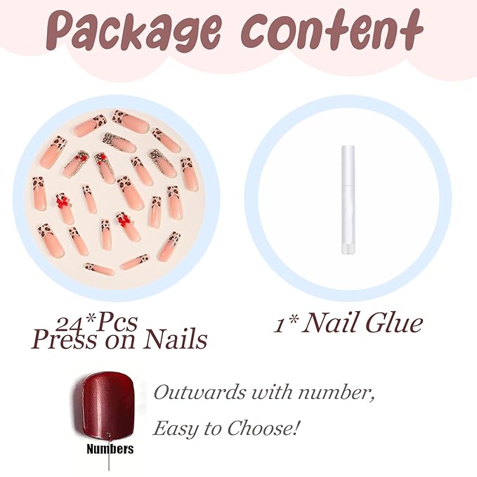 BABALAL French Tip Press on Acrylic Nails Long Square Fake Nails Supplies Brown Cheetah Fall with Bow Charm Rhinestone Bling False Nails with Glue Wild Gyaru Aesthetic 24Pcs Squoval