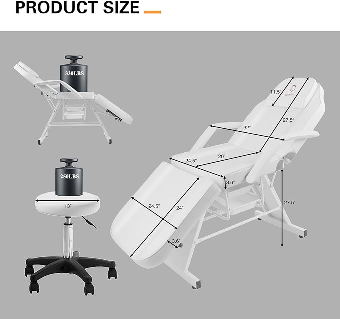 Facial Chair, Tattoo Chair Massage Bed with Hydraulic Stool for Professional Massage Facial Lash Beauty Spa, White