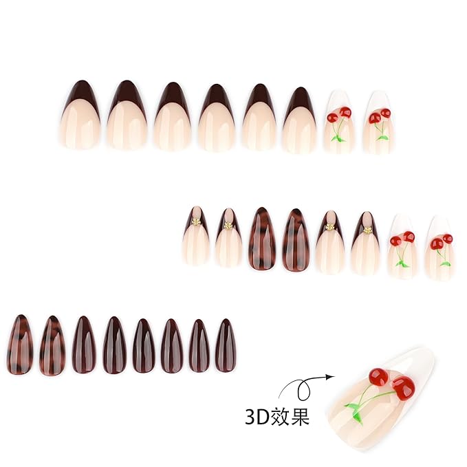 Long Almond Press on Nails Burgundy Nude Cherry Fake Nails with Gold Studs Elegant Vintage False Nail Stick on Nail for Women 24pcs