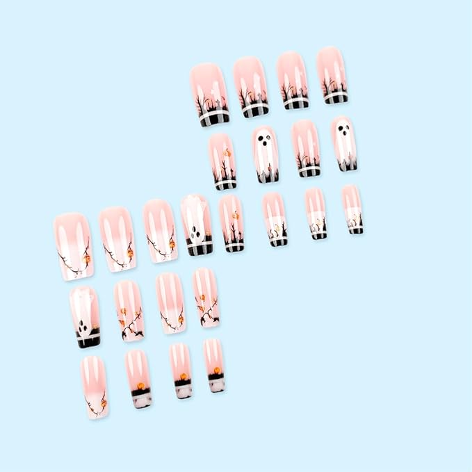 24pcs Halloween Press on Nails Medium Coffin French Tip Fake Nails with Designs Horror Ghost False Nails Pumpkin Glue on Nails French Full Cover Stick on Nails for Women Holiday Nail Decoration