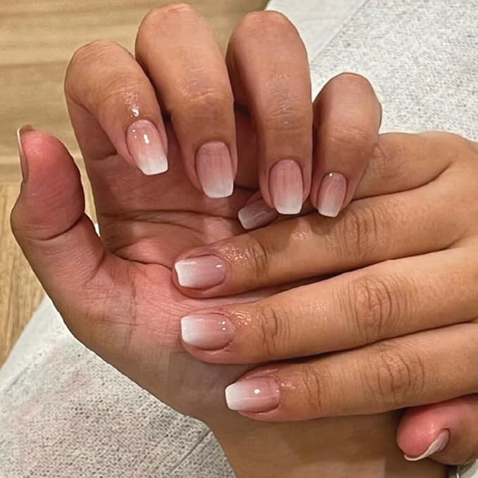 KQueenest French Pink Press on Nails Short Square, Gradient Pink Nails Set, Glazed Gel Nails Press on Acrylic, Pure Fake Nails Short Nails Glue on Natural, Small Stick on Nails for Women Finger Wear