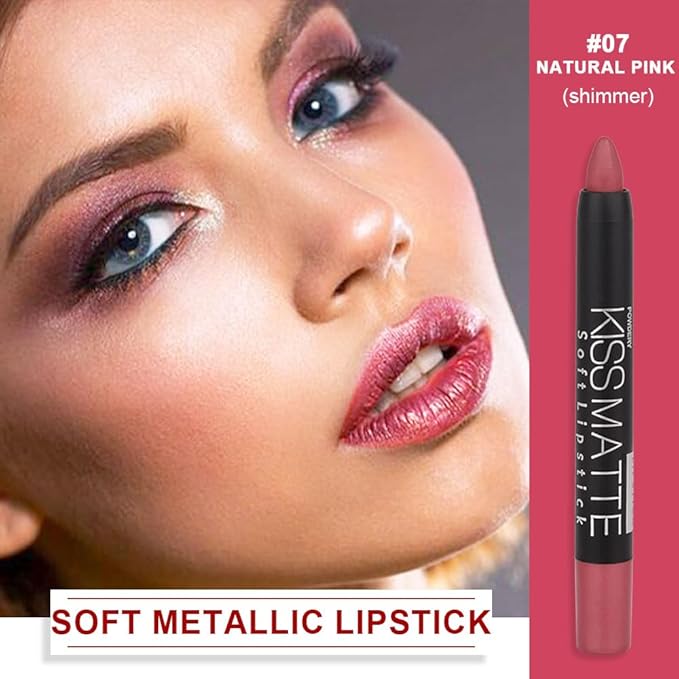 evpct 1Pcs Natural Pink Metallic Lipstick and Lip Crayon Liner Pencil Pen for Women Lip Stain Long Lasting Waterproof labiales mate magicos 24 horas originales pintalabios permanente 24 horas 07