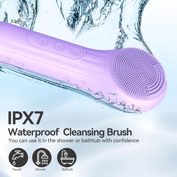 Facial Cleansing Brush, Silicone Face Scrubber with Heat and Vibration 5 Speeds, Waterproof Rechargeable Electric Face Scrub Brush for Men & Women, Deep Cleansing, Exfoliating and Massage (Purple)