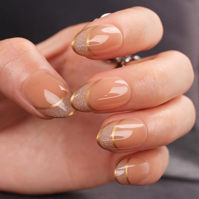Short Almond Press On Nails – Nude Glitter French Tips with Gold Outline, Glossy Acrylic Fake Nails, Reusable Stick On Nails Kit with Glue for Women, Elegant Shimmery Manicure Set