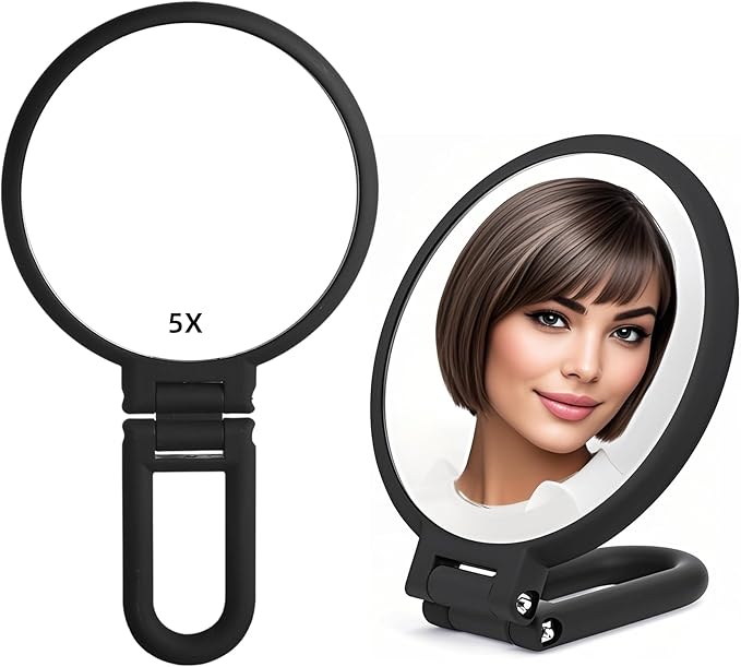 1X 5X Handheld Mirror with Handle for Travel， Magnifying Mirror, Magnification, Rotation Adjustable Handle, Double Sided Folding, Mirror for Women for Eyes Makeup Travel Shaving (Black)