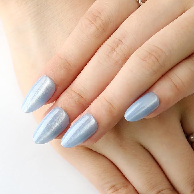 Blue Almond Press On Nails Short, Cat Eye Press on Nails with Glue for Women Ashionable Gel False Nails Reusable Acrylic False Nails Women's Glitter Nails Glue On Nails Kit Sky Blue