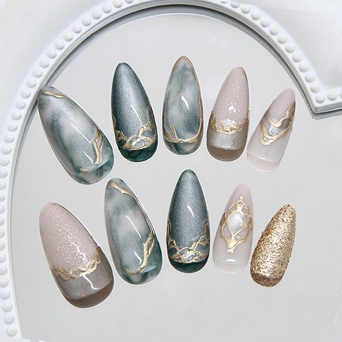 Almond Press on Nails Medium Fake Nails Green False Nail with Gold Glitter Design Handmade Artificial Acrylic Nail Press ons Reusable Almond Nails Glue on Nail for Women Girls 24Pcs