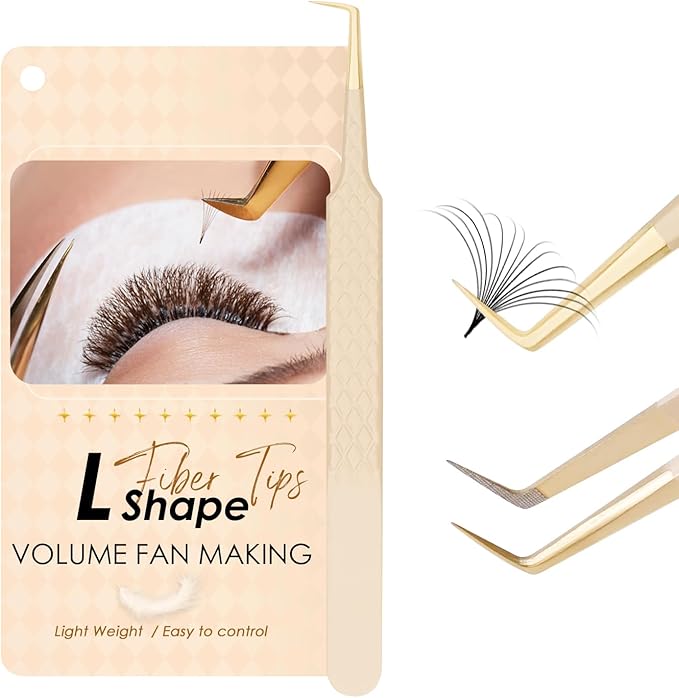Beige Fiber Tip Lash Tweezers for Eyelash Extensions – L Shape 90-Degree for Volume Fan Making, Professional Precision Lash Extension Tweezers