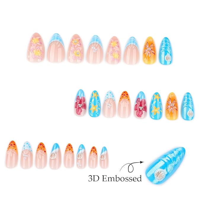 24Pcs Summer Press on Nails Almond French Tip Fake Nails 3D Flower Acrylic Nails Tropical Flowers Nail Art Designs Pearl Charms Glossy Medium Stick on Nails for Women DIY Manicure Accessories