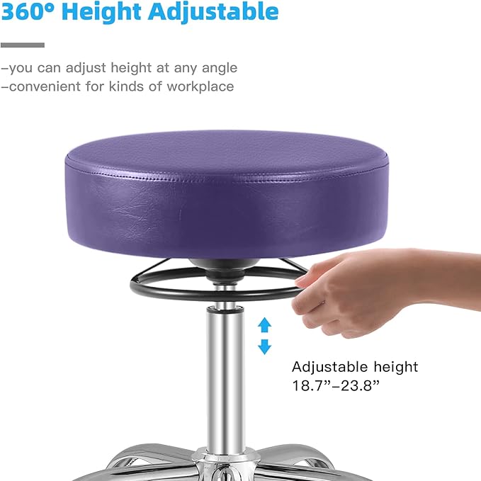 Rolling Stool with Wheels 400lbs Weight Capacity,Heavy Duty Lash Chair Adjustable for Tatoo Lab Massage Salon Spa Drafting Nail Teach,360 Swivel,Leather,Thick Seat Padding (Purple)