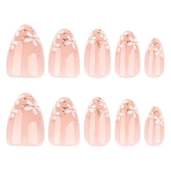 Short Press On Nails Almond, Nude Pink Fake Nails with White Floral & Gold Foil Detail, Glossy Gel Finish Acrylic Nails, Party Reusable Glue On Nails Kit for Women, 24Pcs