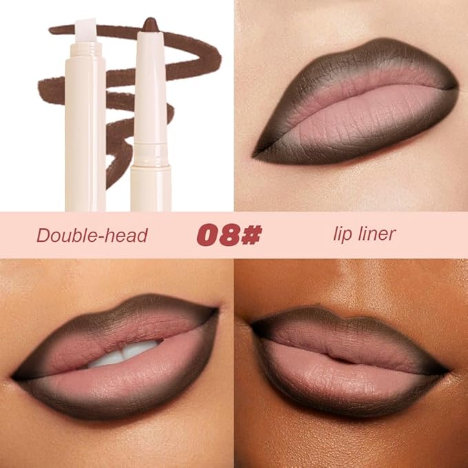 Plump Matte Crayon Lip Liner Pencil, Dark Brown Lipstick Lip Liners for Women, 24 Hour Long-Lasting Lip Gloss Makeup, With Silicone Smudger for Define Contours & Sculpting Lip, 08