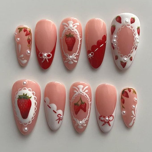 24Pcs Strawberry Press on Nails Medium Almond Fake Nails with 3D Pearl Design Cute Bow Tie Rhinestones Acrylic Nails False Nails Strawberries Red French Tip Glue on Nails for Women Decor