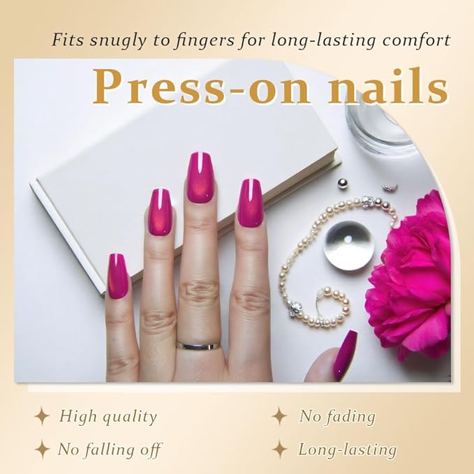 evpct Purple Red Cat Eye Coffin Press on Nails Square Medium, Medium Square Glue on Nail for Women, Purple Red Metallic Glitter Glossy Reusable Summer Soft Gel Press on Acrylic Fake Nail with Designs