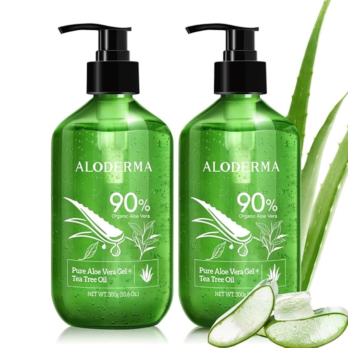 Aloderma Organic Aloe Vera Gel for Skin + Tea Tree Oil, Made within 12 Hours of Harvest, Soothing Pure Aloe Vera Gel for Face, Works Great for Scalp, Acne & Aftershave, All Natural Aloe Gel - 10.6 Oz