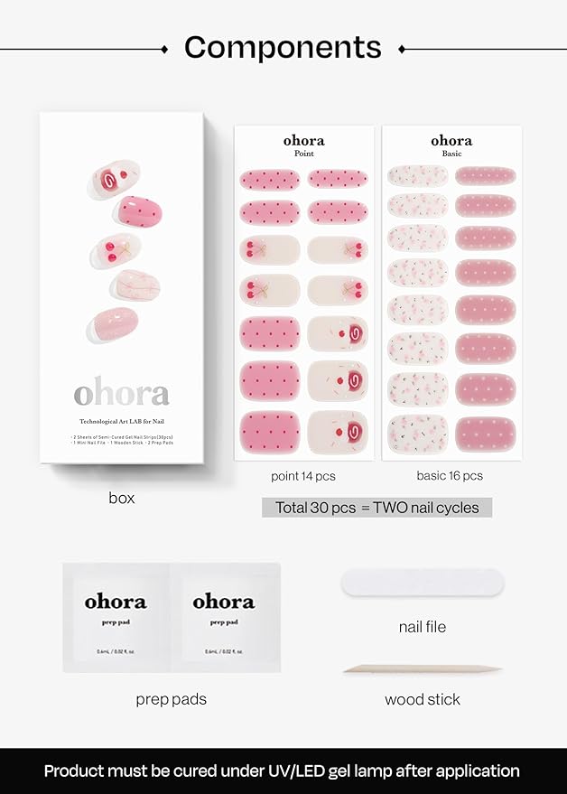 ohora Semi Cured Gel Nail Strips (N Sugar Rush) - Works with Any Nail Lamps, Salon-Quality, Long Lasting, Easy to Apply & Remove - Includes 2 Prep Pads, Nail File & Wooden Stick