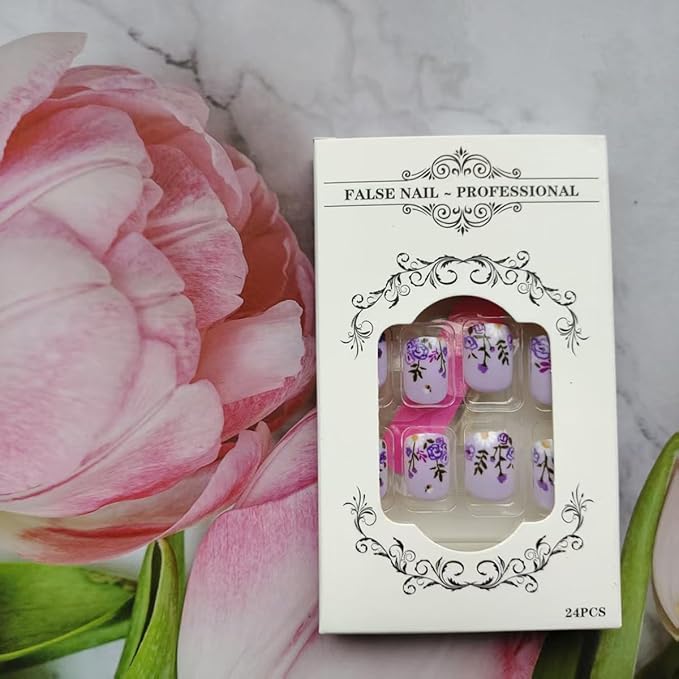 24Pcs Purple Flower Press on Nails Short Square Fake Nails with Spring Summer Floral Daisy Bee Design Full Cover Nail Tips Purple False Nails Artificial Glossy Acrylic Nails for Women Girls Manicure