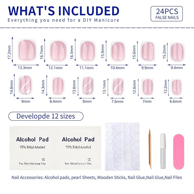 French Press On Nails Short Square, Nude Fake Nails with White French Tips, Delicately Adorned with Silver Streaks, Glossy Gel Finish, Thick Natural Reusable Glue On Nails Kit for Women 24Pcs