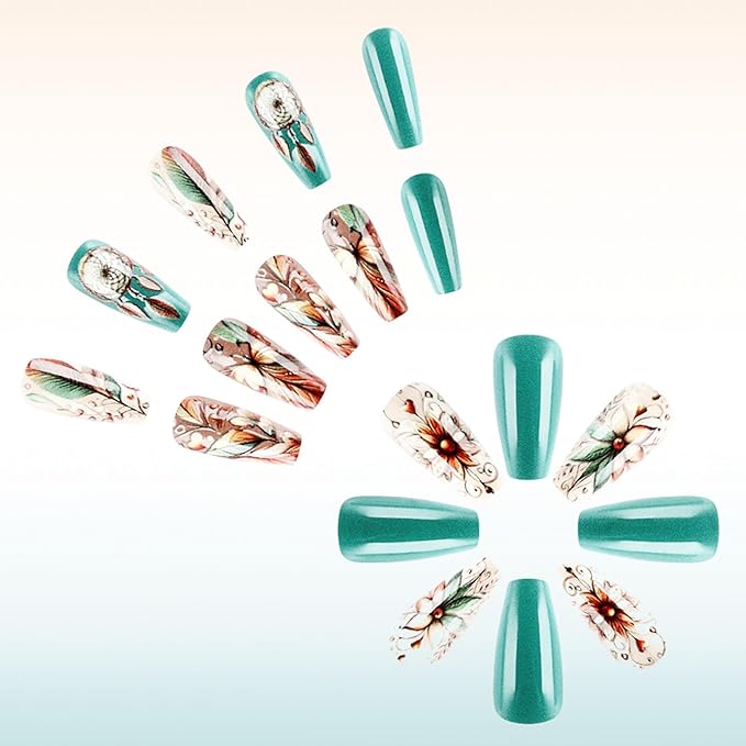 24Pcs Press on Nails Coffin Medium Fake Nails Fall Flower Designs Glossy Green Brown Nail Press ons Artificial Glue on Nails Feathered Stick on Nails Butterfly Pattern Art for Women Winter Manicure
