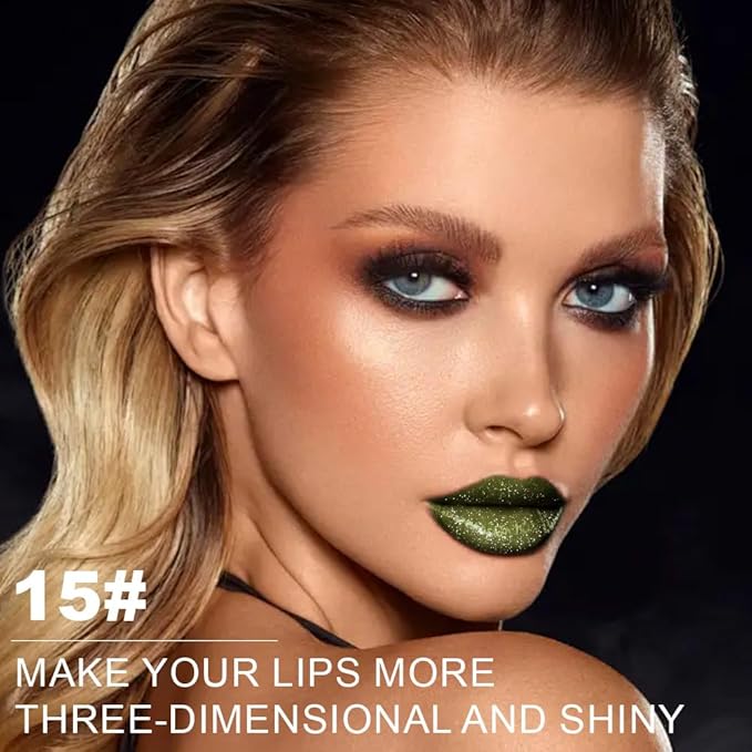 Kaely Dark Green Glitter Metallic Lipstick, Shimmer Metallic Lipsticks for Women, High Pigmented Lip Gloss Long Lasting Waterproof Smudge Proof 24 Hour, Halloween Makeup, Vegan & Cruelty-Free, 15