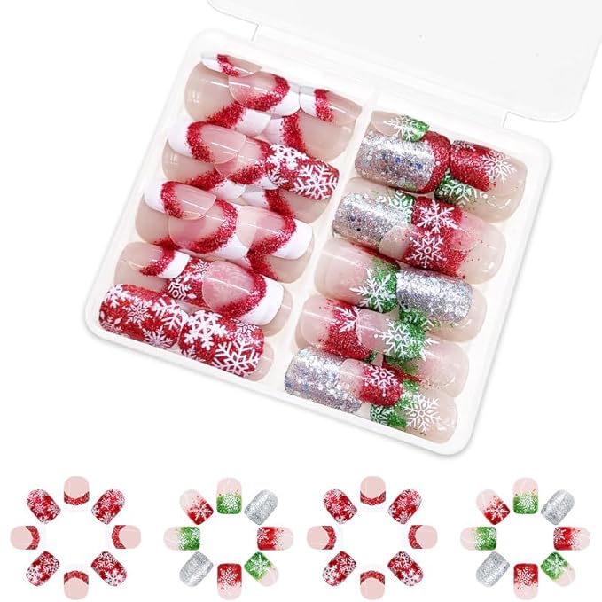 2 Packs 48Pcs Christmas Press on Nails Short Square Fake Nails Red Green Glitter Snowflake Nails French Ombre False Nails Glue on Nails Winter Xmas Stick on Nails for Women Girls Manicure
