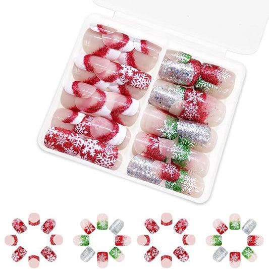 2 Packs 48Pcs Christmas Press on Nails Short Square Fake Nails Red Green Glitter Snowflake Nails French Ombre False Nails Glue on Nails Winter Xmas Stick on Nails for Women Girls Manicure