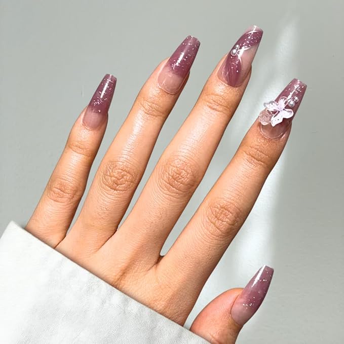 Perfect Look Press On Nails - Butter Rose | No Glue One-Day Long Coffin Fake Nails, Rose Pink Glitter Nails with Pearl - 24 Pcs Nail Kit with Adhesive Tabs