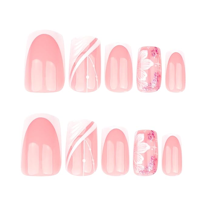 White French Tip Press on Nails Square Medium Fake Nails Flowers False Nails Pink Glossy Full Cover Acrylic Nail Floral Artificial Stick on Nail for Women Manicure DIY