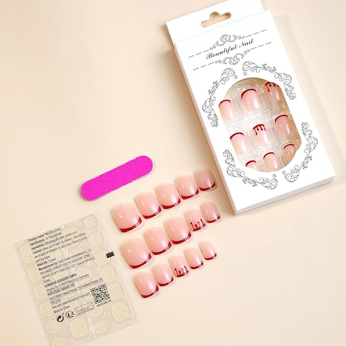 24 Pcs Halloween Press on Nails Short French Tips False Nails with Designs Cute Nude Pink Fake Nails Red Blood Nail Tips Acrylic Glue on Nails Square Full Cover Stick on Nails for Women Manicure Tips