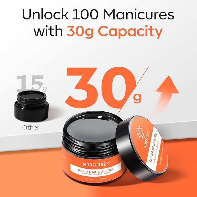 modelones Solid Nail Glue Gel for Acrylic Nails Tips, 30g False Nails Gel Glue Long-Lasting Strong Adhesion, Need UV Light Cured