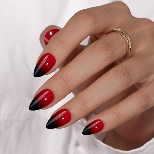 KQueenest Red Black Press On Nails Short Almond, Ombre French Press On Nails with Glue, Dark Fake Nails Press ons, Soft Gel Glue on Nails with Gradient Design for Women Christmas, 30 Pcs
