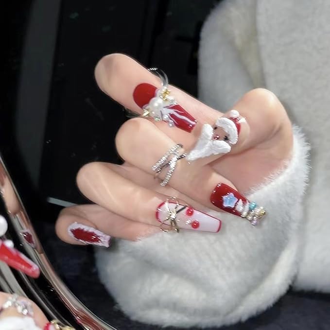 10Pcs Christmas Press on Nails Long Coffin Fake Nails with Gold Bow Charms Designs Luxury Pearls Christmas Tree Santa Claus False Nails Winter Artificial Stick on Nails for Women DIY Manicure Decor