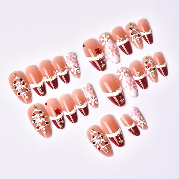 Christmas Press on Nails Medium Almond NEWSPIED Red French Tip Fake Nails with Colorful Rhinestones Design Christmas Tree Snowflake False Nails Winter Nude Pink Glossy Glue on Nails for Women 24Pcs