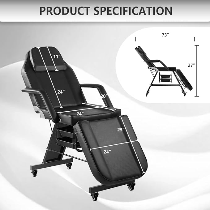Facial Chair with Wheel Tattoo Chair for Client Beauty Chair Artist Spa Bed Removable Headrest for Client, Esthetician, Artist, Lash Bed Black