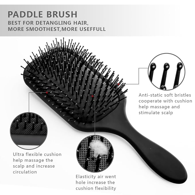 Detangling Paddle Brush - Large Air Cushion Paddle Brush with Ball Tip Tourmaline Bristles - Anti Static Hair Care Tool for Men and Women, Wet or Dry