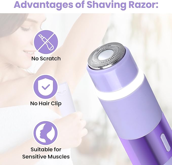 Bikini Trimmer for Women, Glow Aura Womens Shaver, Quiet Dual Head Waterproof Cordless Rechargeable Painless Trimmer for Underarms, Legs, Body (Purple)