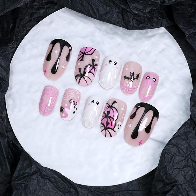 24Pcs Cute Ghost Press on Nails Short Pink French Tip Fake Nails Almond Shaped 3D Spooky with Pumpkin Bat Spider Web Mummy Design Full Cover Cute Halloween False Nails for Women Acrylic Manicure Tips
