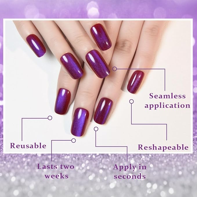 Blue Reflective Cat Eye Press on Nails Medium Square, Medium Square Press Glue on Nails Chrome for Women, Blue Holographic Glitter Glossy Reusable Gel Acrylic Fake Nail with Designs Cateye Effect