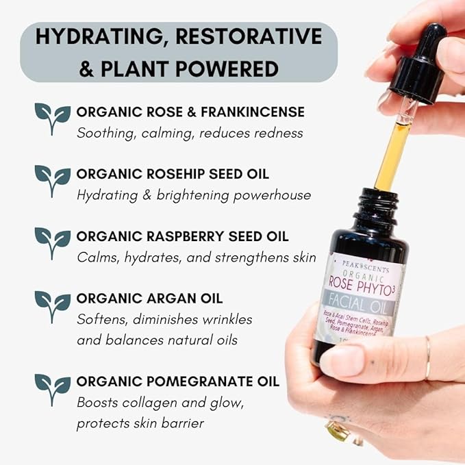 Organic Rose Phyto Facial Oil - Rosehip and Argan Oil Infused with Rose Extract and Frankincense Essential Oil - Ideal for Gua Sha Massage, Anti-Aging Face Oil (1oz)
